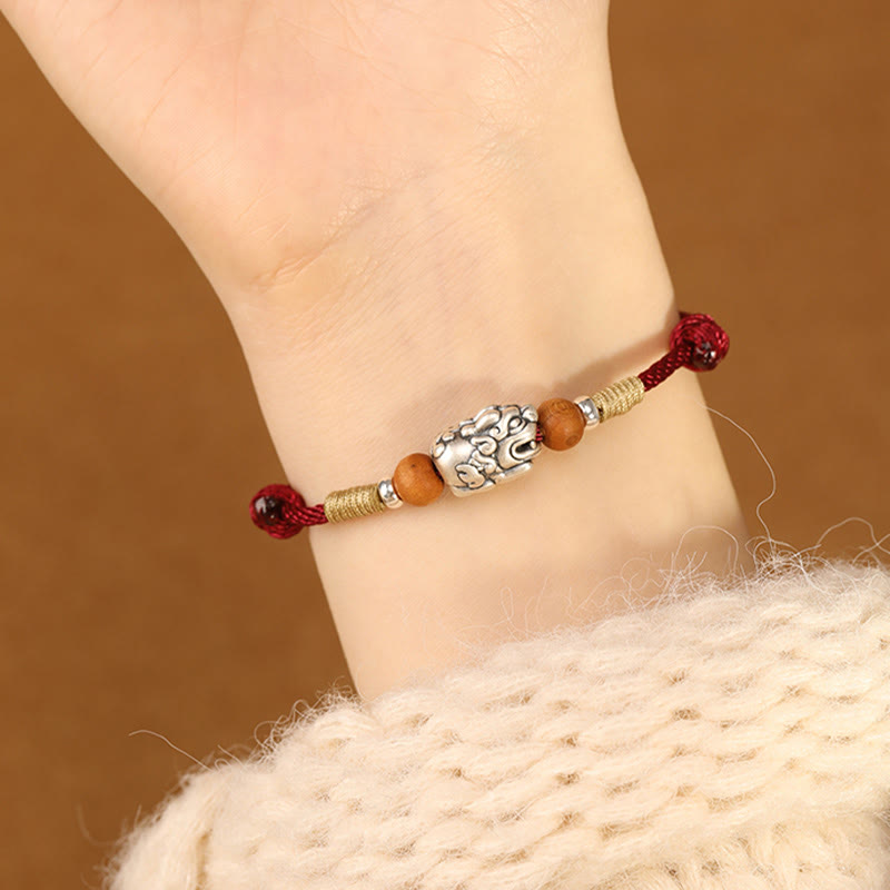 Buddha Stones 999 Sterling Silver Pixiu Charm Peach Wood Bead Handmade String Braided Bracelet Anklet - image 8