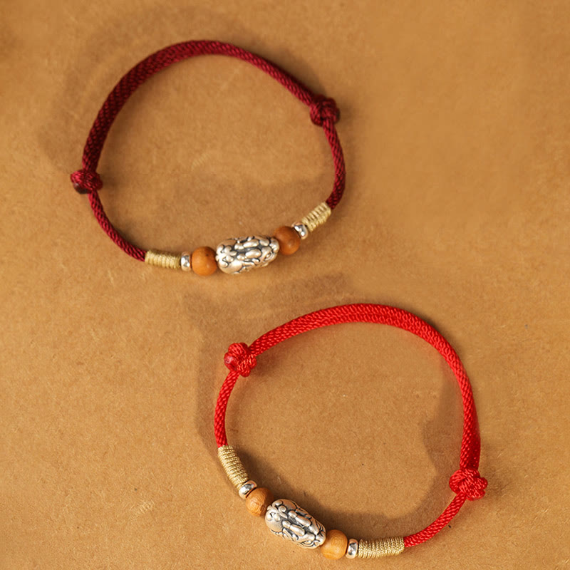 Buddha Stones 999 Sterling Silver Pixiu Charm Peach Wood Bead Handmade String Braided Bracelet Anklet - image 23