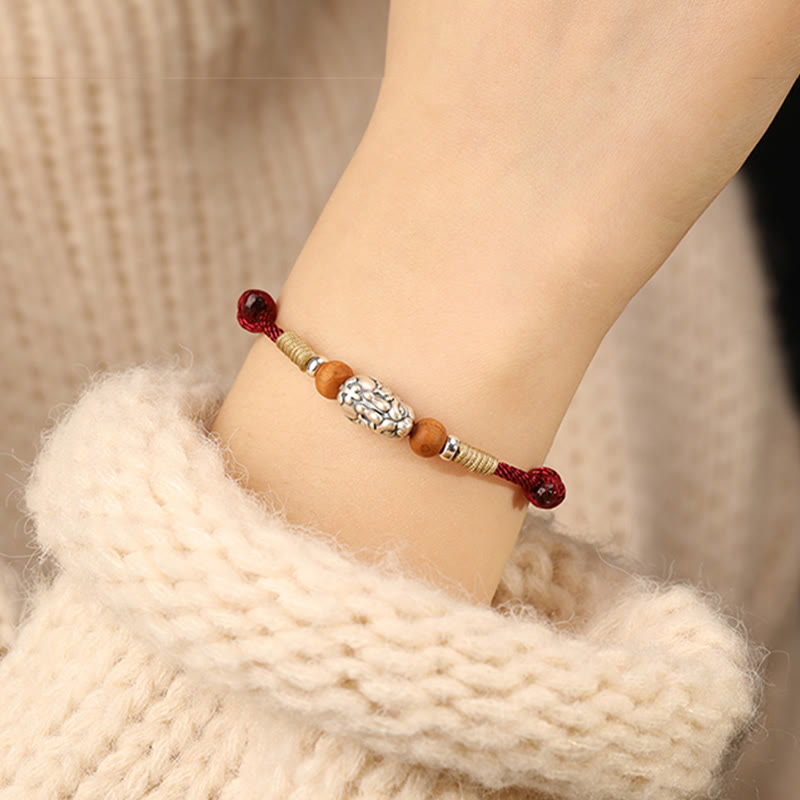 Buddha Stones 999 Sterling Silver Pixiu Charm Peach Wood Bead Handmade String Braided Bracelet Anklet - image 10