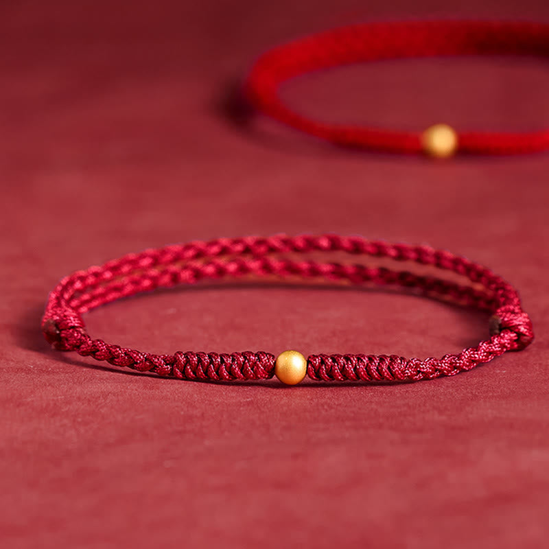 Buddha Stones 925 Sterling Silver Plated Gold Single Bead Strength Braided Red Rope Bracelet Anklet - Anklet(Circumference 18-30cm) - Dark Red - image 0