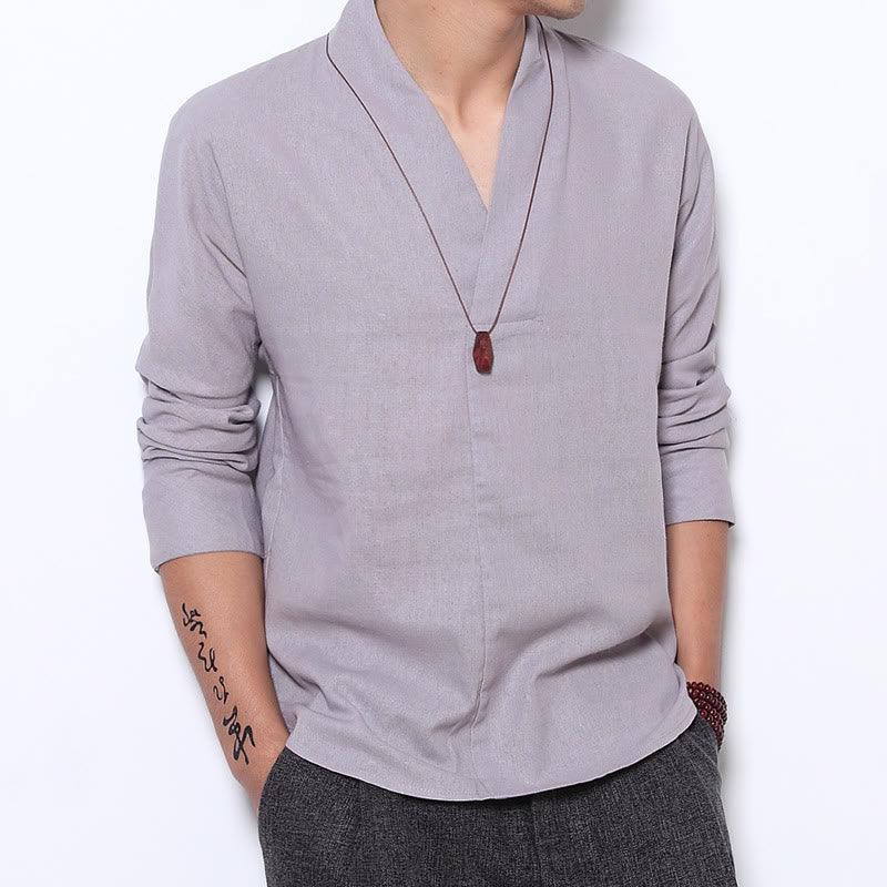 Buddha Stones Casual V-Neck Long Sleeve Shirt Linen Men Clothing - Gainsboro - US/UK/AU44,EU54 (5XL) - image 0