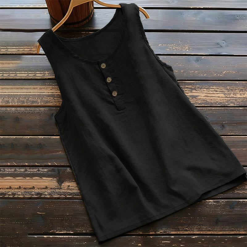 Buddha Stones Summer Pure Color Crew Collar Button Women's Vest Waistcoat - Black - US18,UK/AU22,EU50 (5XL) - image 0