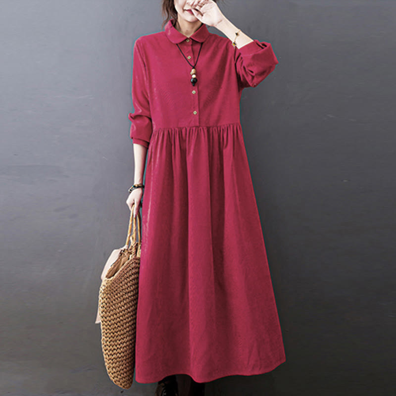 Buddha Stones Fall Buttons Design Long Sleeve Cotton Corduroy Midi Dress With Pockets - Red - US8-10,UK/AU12-14,EU40-42 (2XL) - image 9