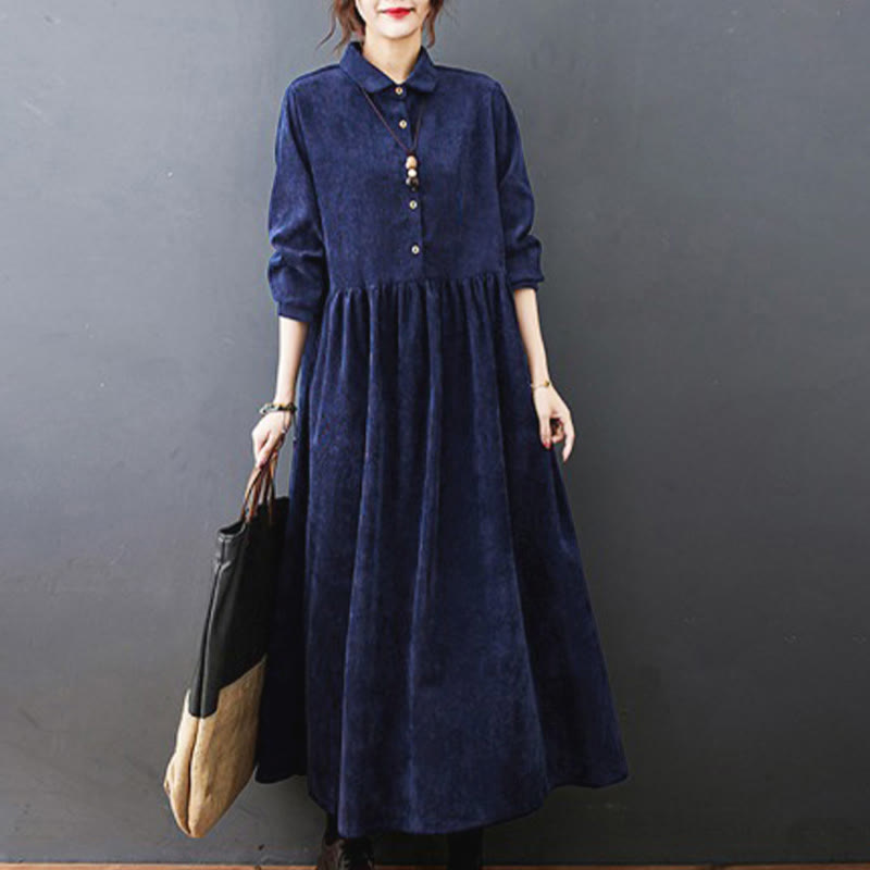 Buddha Stones Fall Buttons Design Long Sleeve Cotton Corduroy Midi Dress With Pockets - MidnightBlue - US8-10,UK/AU12-14,EU40-42 (2XL) - image 21