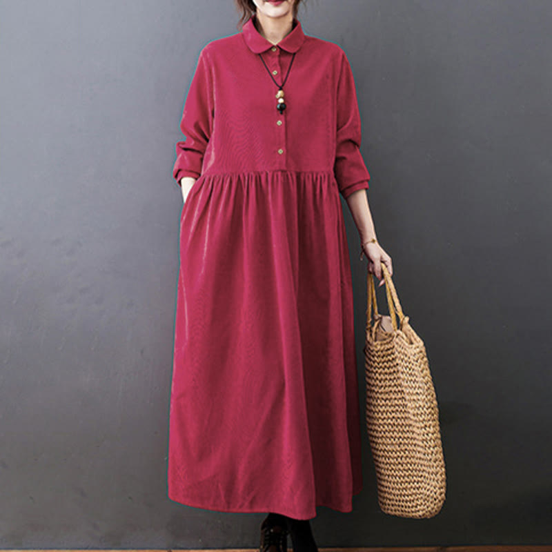 Buddha Stones Fall Buttons Design Long Sleeve Cotton Corduroy Midi Dress With Pockets - image 12