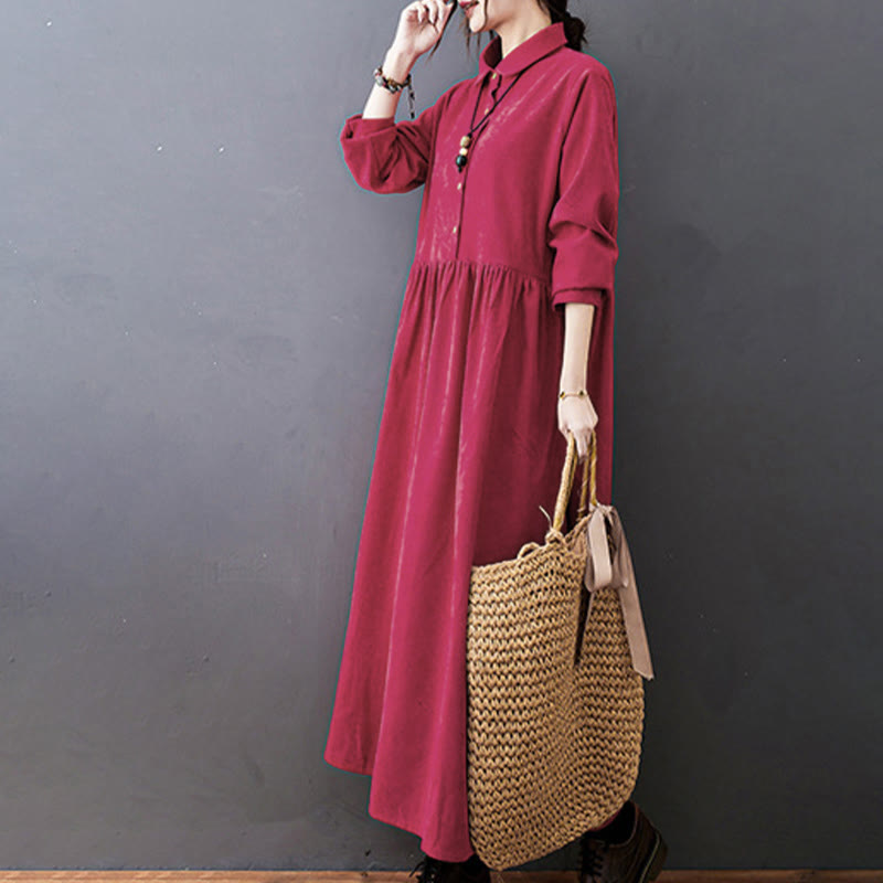 Buddha Stones Fall Buttons Design Long Sleeve Cotton Corduroy Midi Dress With Pockets - image 14