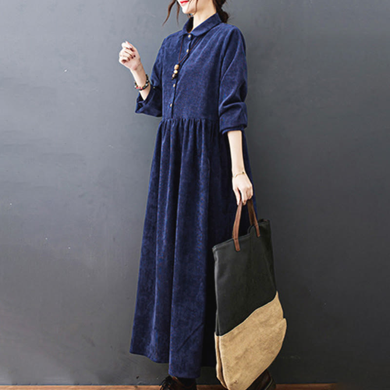 Buddha Stones Fall Buttons Design Long Sleeve Cotton Corduroy Midi Dress With Pockets - image 26