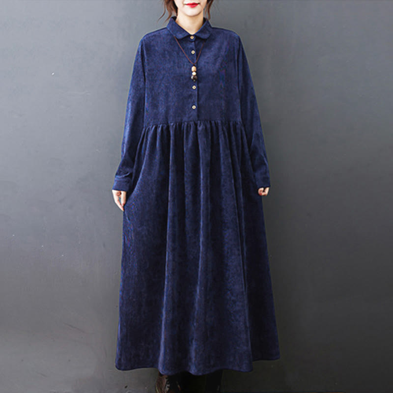 Buddha Stones Fall Buttons Design Long Sleeve Cotton Corduroy Midi Dress With Pockets - image 23