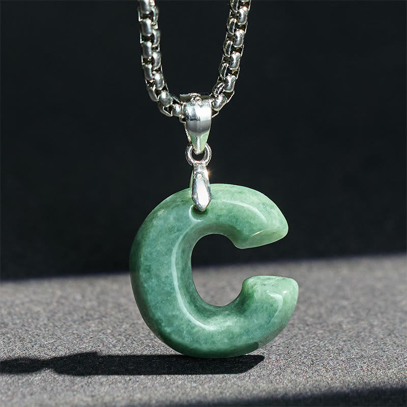 Buddha Stones Natural A-Z Letter Jade Titanium Steel Wide Chain Prosperity Necklace Pendant - image 10