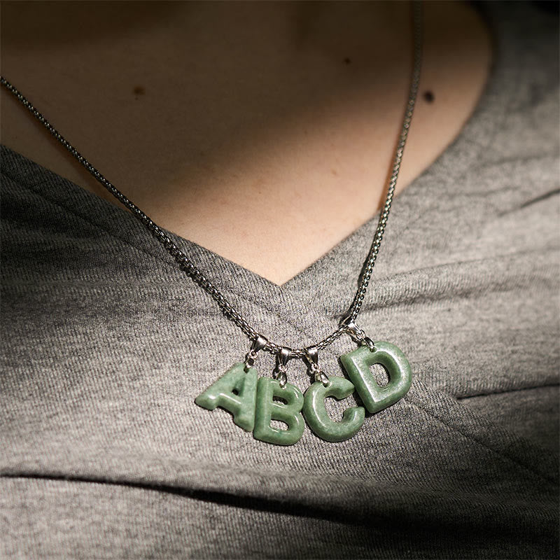 Buddha Stones Natural A-Z Letter Jade Titanium Steel Wide Chain Prosperity Necklace Pendant - image 42