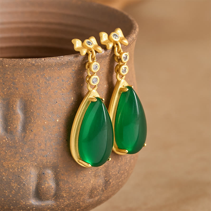 Buddha Stones Waterdrop Design Green Jasper Copper Plated Gold Balance Earrings - image 1