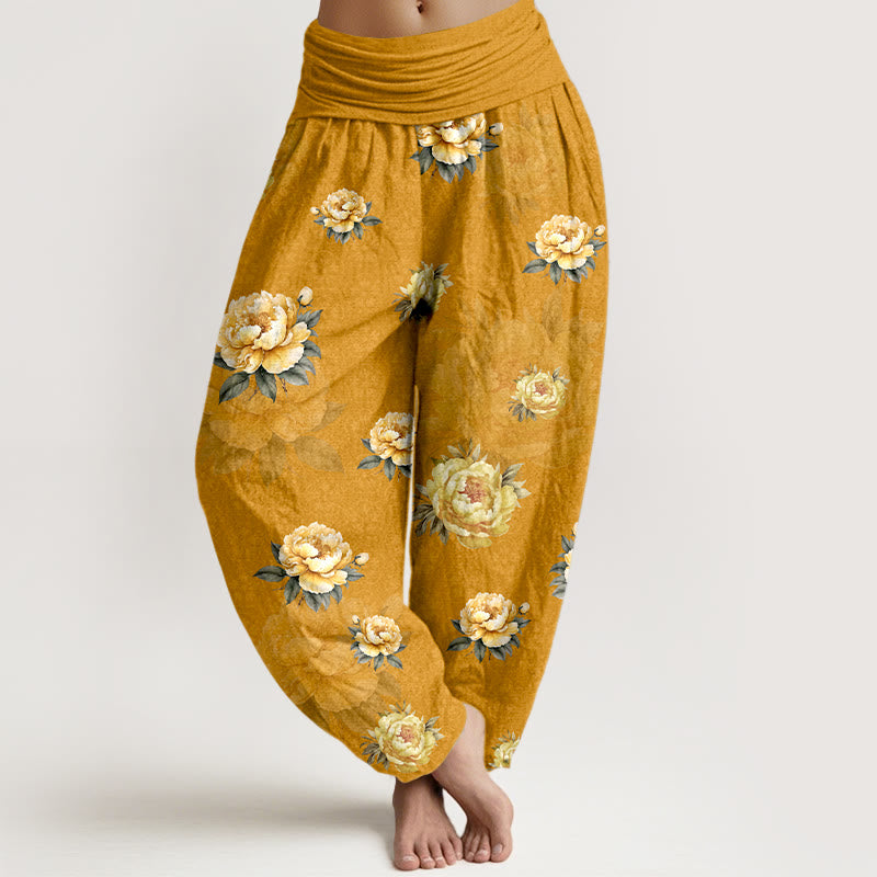 Buddha Stones Cotton Delicate Peony Pattern Women's Elastic Waist Harem Pants - Goldenrod - US16,UK/AU20,EU48 (3XL) - image 0