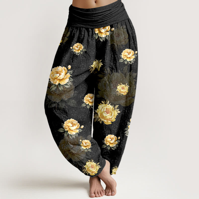Buddha Stones Cotton Delicate Peony Pattern Women's Elastic Waist Harem Pants - Black - US16,UK/AU20,EU48 (3XL) - image 5