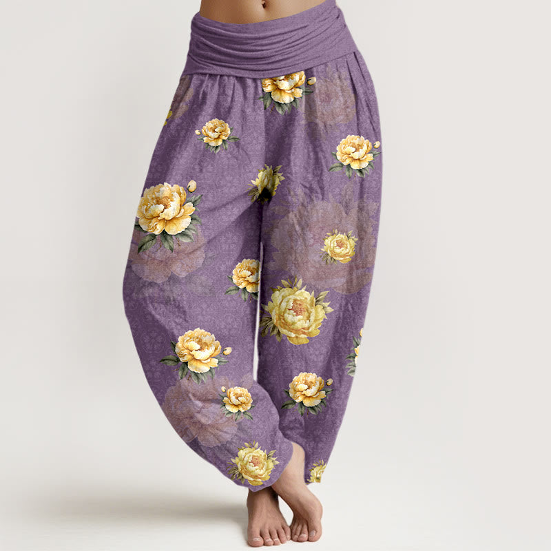 Buddha Stones Cotton Delicate Peony Pattern Women's Elastic Waist Harem Pants - MediumOrchid - US16,UK/AU20,EU48 (3XL) - image 8
