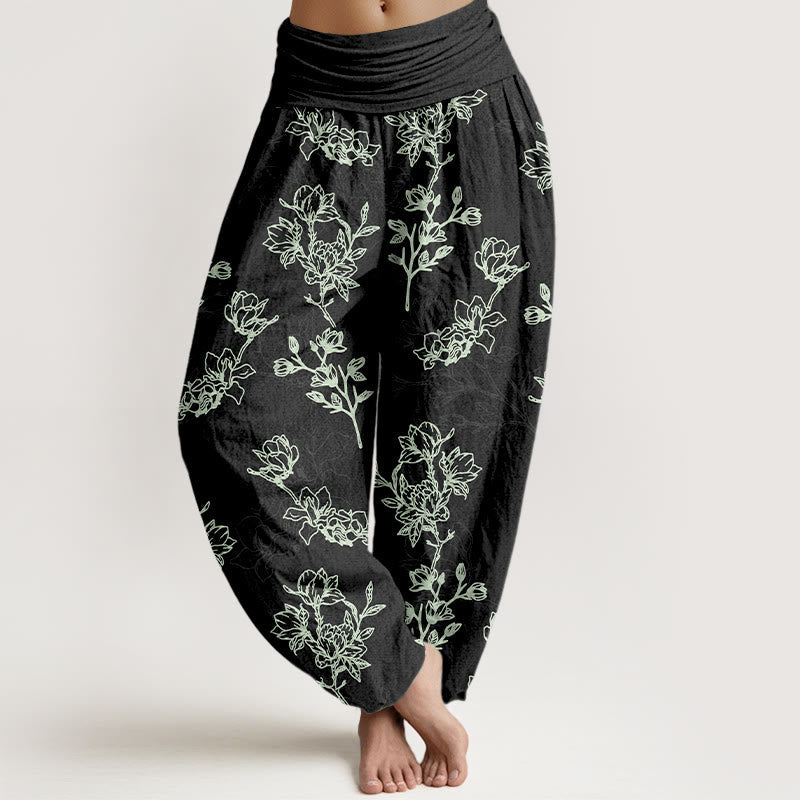 Buddha Stones Cotton Simple Flower Bud Pattern Women's Elastic Waist Harem Pants - Black - US16,UK/AU20,EU48 (3XL) - image 5
