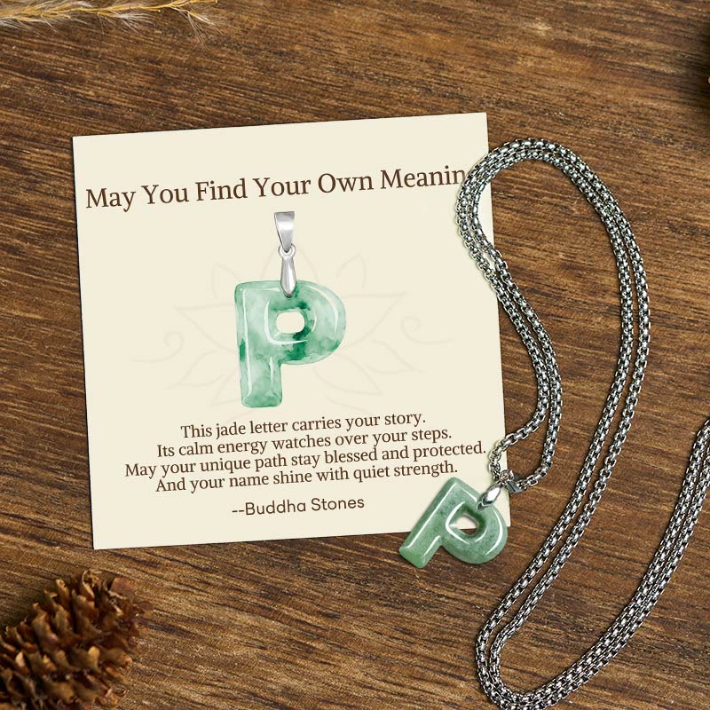 Buddha Stones "May You Find Your Own Meaning" Natural A-Z Letter Jade Titanium Steel Chain Necklace Includes Gift Message Card - P - Titanium Steel Chain(One Pendant) - Standard Gift Box - image 71