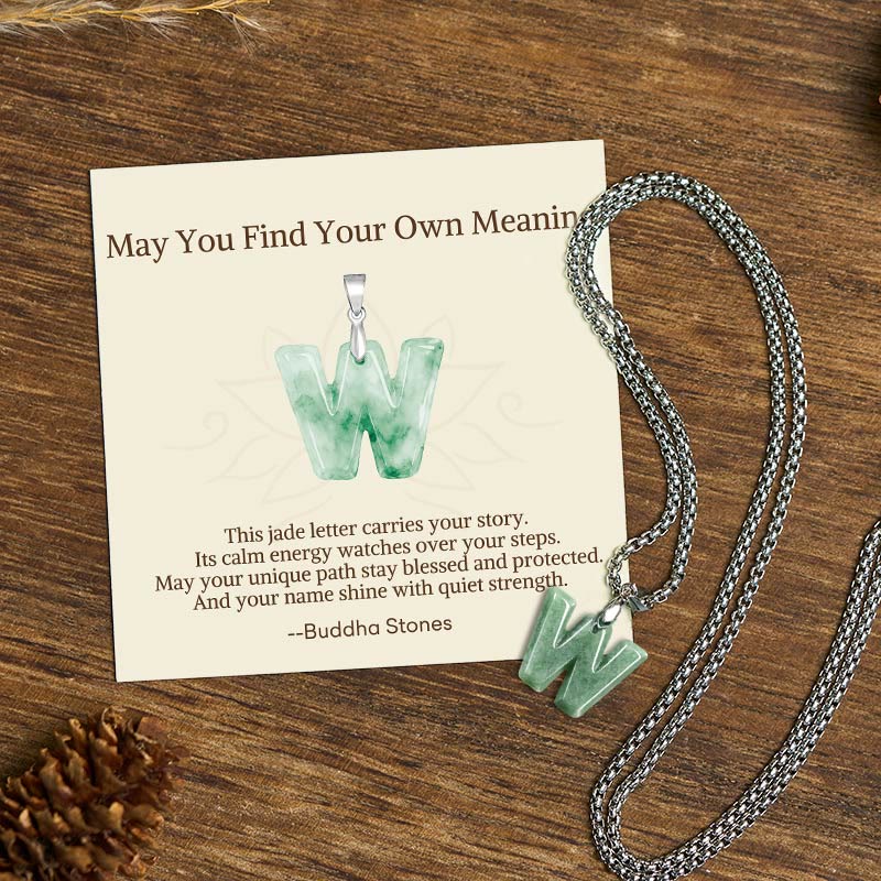 Buddha Stones "May You Find Your Own Meaning" Natural A-Z Letter Jade Titanium Steel Chain Necklace Includes Gift Message Card - W - Titanium Steel Chain(One Pendant) - Standard Gift Box - image 99
