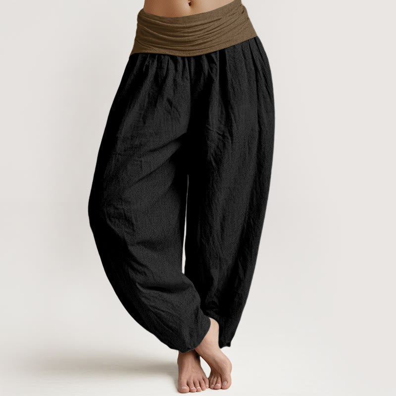Buddha Stones Cotton Black Green Tan Solid Color Women's Elastic Waist Harem Pants - Black - US16,UK/AU20,EU48 (3XL) - image 0