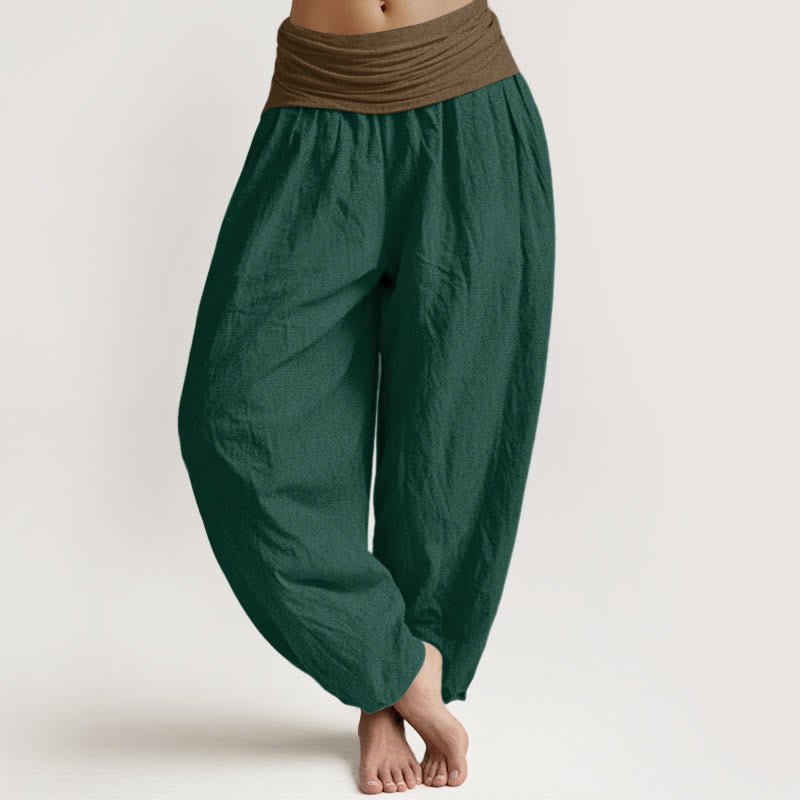 Buddha Stones Cotton Black Green Tan Solid Color Women's Elastic Waist Harem Pants - DarkGreen - US16,UK/AU20,EU48 (3XL) - image 5