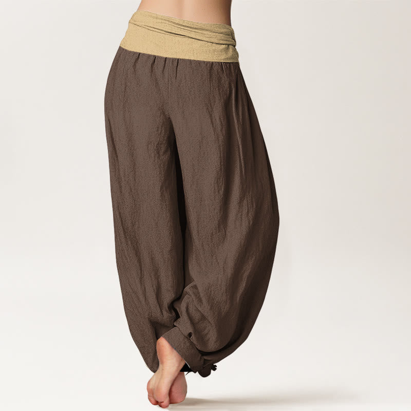 Buddha Stones Cotton Brown Blue Black Solid Color Women's Elastic Waist Harem Pants - image 1