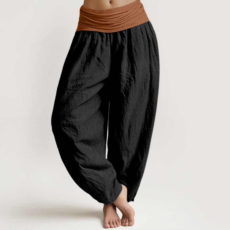 Buddha Stones Cotton Green Black Brown Red Solid Color Women's Elastic Waist Harem Pants - Black - US16,UK/AU20,EU48 (3XL) - image 5