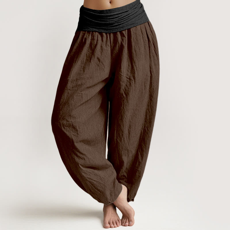 Buddha Stones Cotton Green Black Brown Red Solid Color Women's Elastic Waist Harem Pants - SaddleBrown - US16,UK/AU20,EU48 (3XL) - image 8