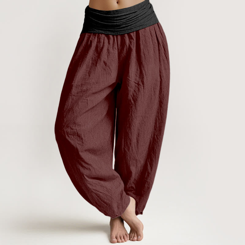 Buddha Stones Cotton Green Black Brown Red Solid Color Women's Elastic Waist Harem Pants - DarkRed - US16,UK/AU20,EU48 (3XL) - image 11