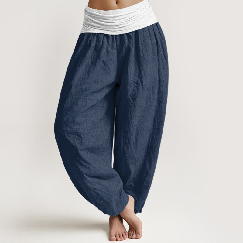 Buddha Stones Cotton Blue Black Gray Solid Color Women's Elastic Waist Harem Pants - DarkBlue - US16,UK/AU20,EU48 (3XL) - image 0