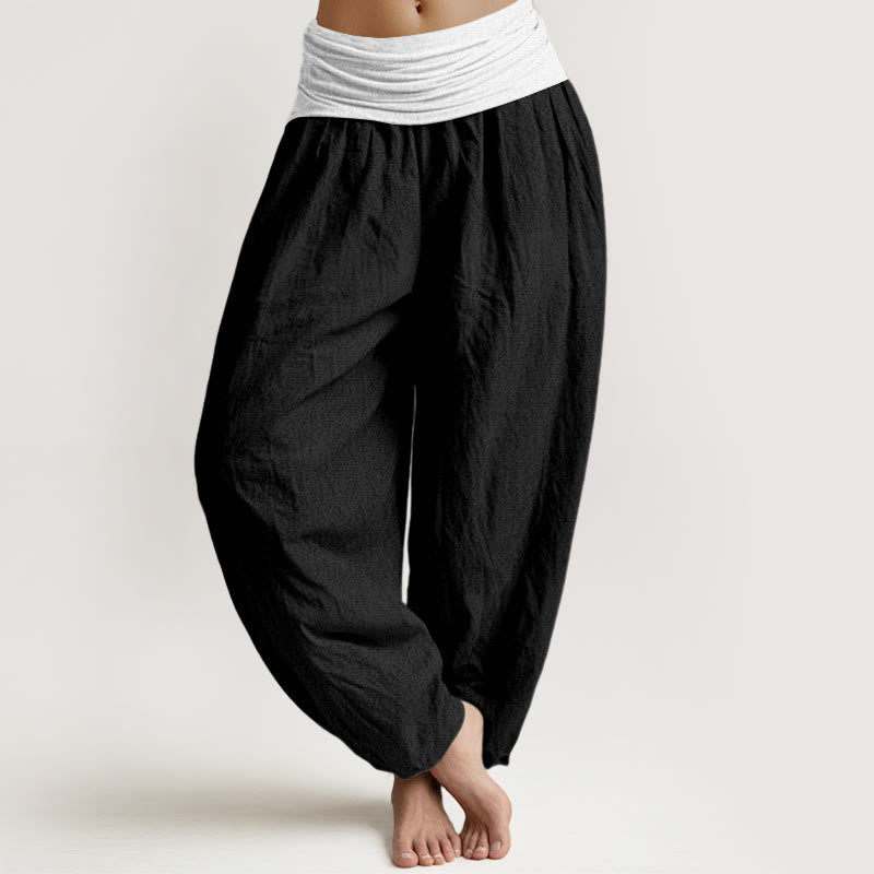 Buddha Stones Cotton Blue Black Gray Solid Color Women's Elastic Waist Harem Pants - Black - US16,UK/AU20,EU48 (3XL) - image 5