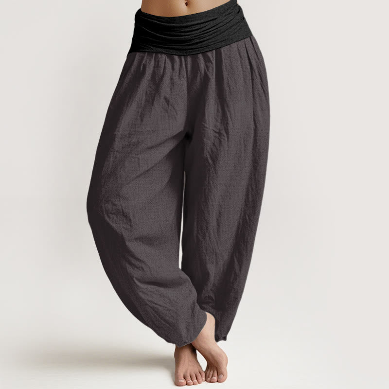 Buddha Stones Cotton Blue Black Gray Solid Color Women's Elastic Waist Harem Pants - DimGray - US16,UK/AU20,EU48 (3XL) - image 8