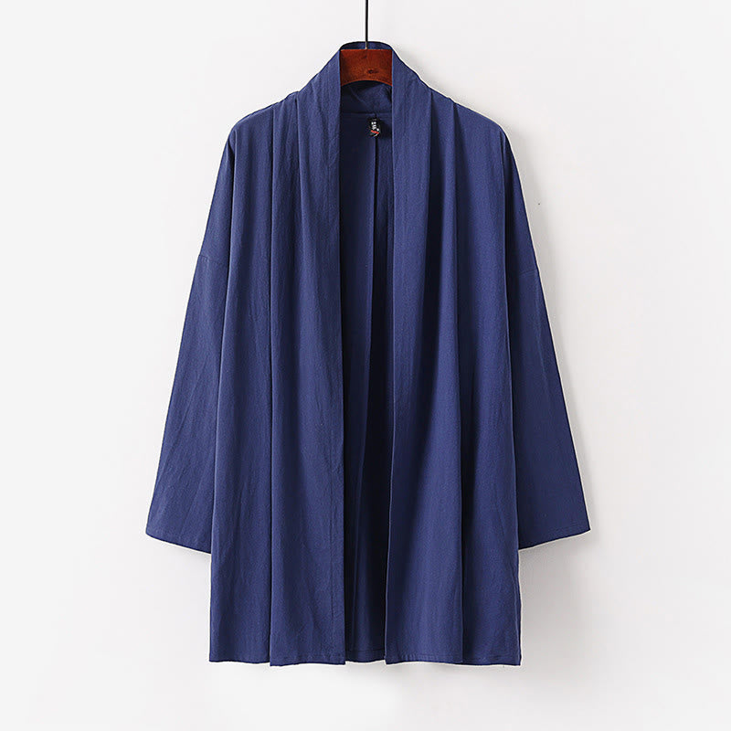 Buddha Stones Spring Fall Solid Color Long Sleeve Mid-length Open Front Men's Kimono - SteelBlue - US/UK/AU54,EU64 (9XL) - image 8