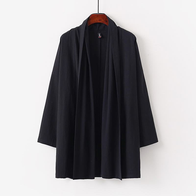 Buddha Stones Spring Fall Solid Color Long Sleeve Mid-length Open Front Men's Kimono - Black - US/UK/AU54,EU64 (9XL) - image 1