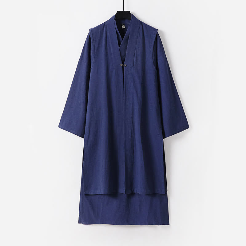 Buddha Stones 2Pcs Wudang Fall Solid Long Sleeve Men's Taoist Long Robe Sleeveless Vest Lace-up Kimono Ceremony Suit - SteelBlue - US/UK/AU54,EU64 (9XL) - image 12