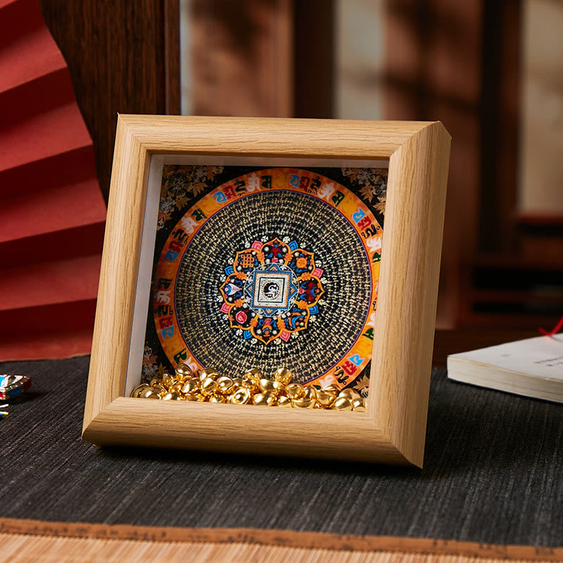 Buddha Stones Tibetan Om Mani Padme Hum Golden Ingot Thangka Photo Frame Ornament Home Decor - Style 4 - Yellow Medium Density Fiberboard(10*10*4cm) - image 6