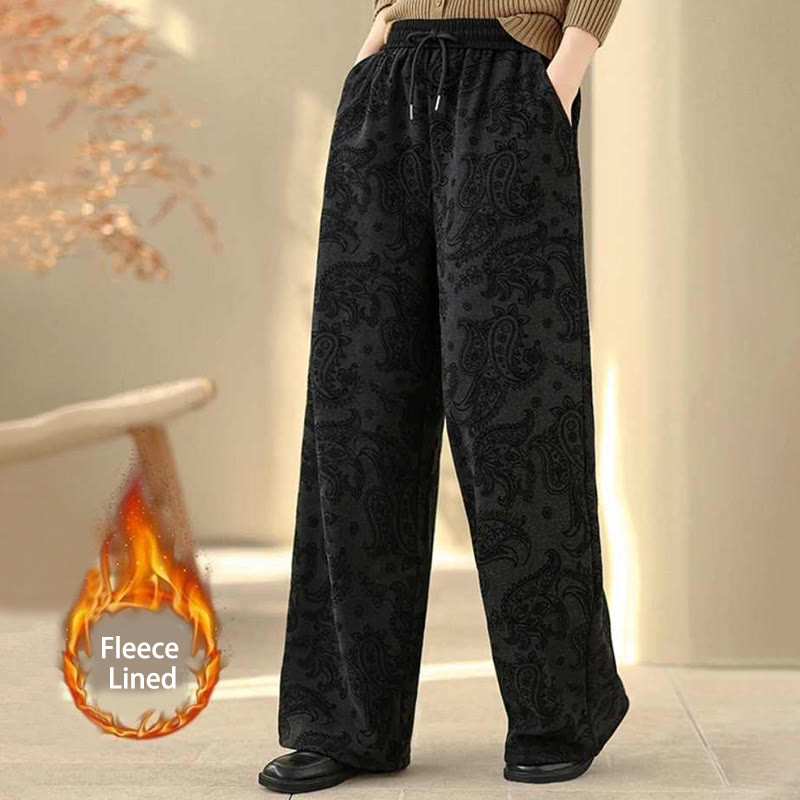 Buddha Stones Jacquard Paisley Pattern Women's Wide Leg Thermal Fleece-Lined Cotton Pants With Pockets - Black - US6,UK/AU10,EU38 (XL) - image 5