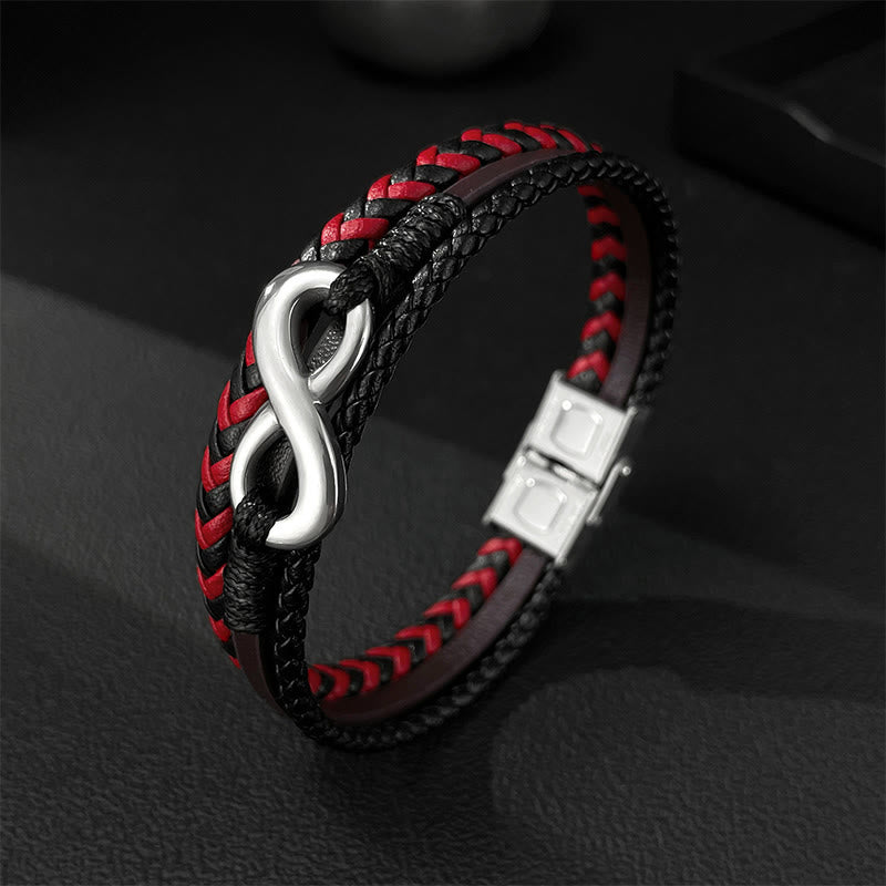 Buddha Stones Infinitely Design Titanium Steel Braided Three-layer Leather Balance Bracelet - Leather(Wrist Circumference: 17-19cm) - image 0