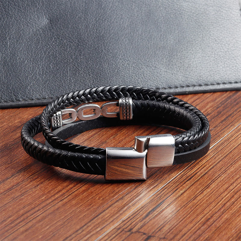 Buddha Stones Handmade Chain Link Design Titanium Steel Leather Strengthen Bracelet - image 5