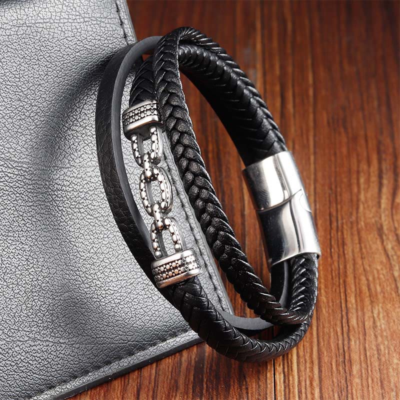 Buddha Stones Handmade Chain Link Design Titanium Steel Leather Strengthen Bracelet - image 1