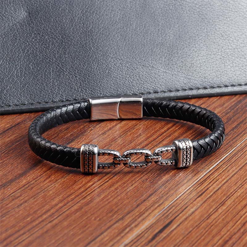 Buddha Stones Handmade Chain Link Design Titanium Steel Leather Strengthen Bracelet - image 12