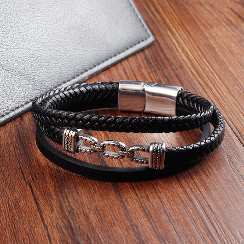 Buddha Stones Handmade Chain Link Design Titanium Steel Leather Strengthen Bracelet - image 4
