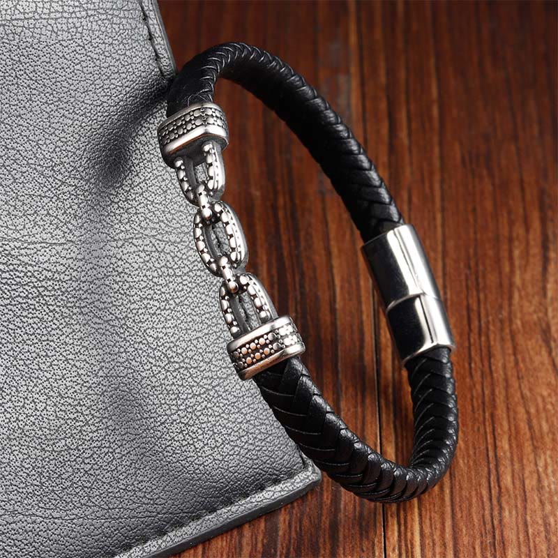 Buddha Stones Handmade Chain Link Design Titanium Steel Leather Strengthen Bracelet - image 10