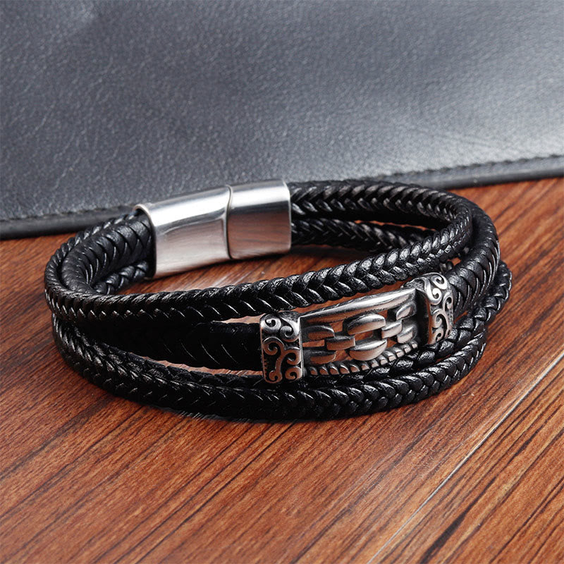 Buddha Stones Chain Link Design Titanium Steel Multi-layer Leather Balance Braided Bracelet - image 5