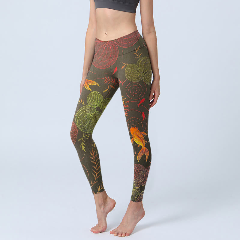 Buddha Stones Colorful Koi Fish Water Ripples Plant Pattern Print Gym Leggings Women's Yoga Pants - DarkOliveGreen - US18,UK/AU22,EU50 (4XL) - image 0