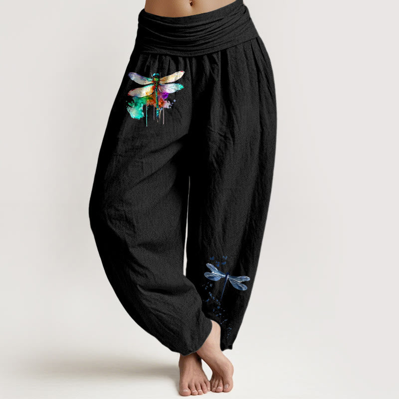 Buddha Stones Pure Cotton Dreamy Dragonfly Pattern Women's Elastic Waist Harem Pants - Black - US16,UK/AU20,EU48 (3XL) - image 0