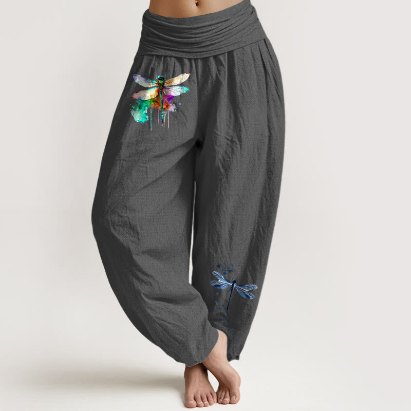 Buddha Stones Pure Cotton Dreamy Dragonfly Pattern Women's Elastic Waist Harem Pants - DimGray - US16,UK/AU20,EU48 (3XL) - image 8