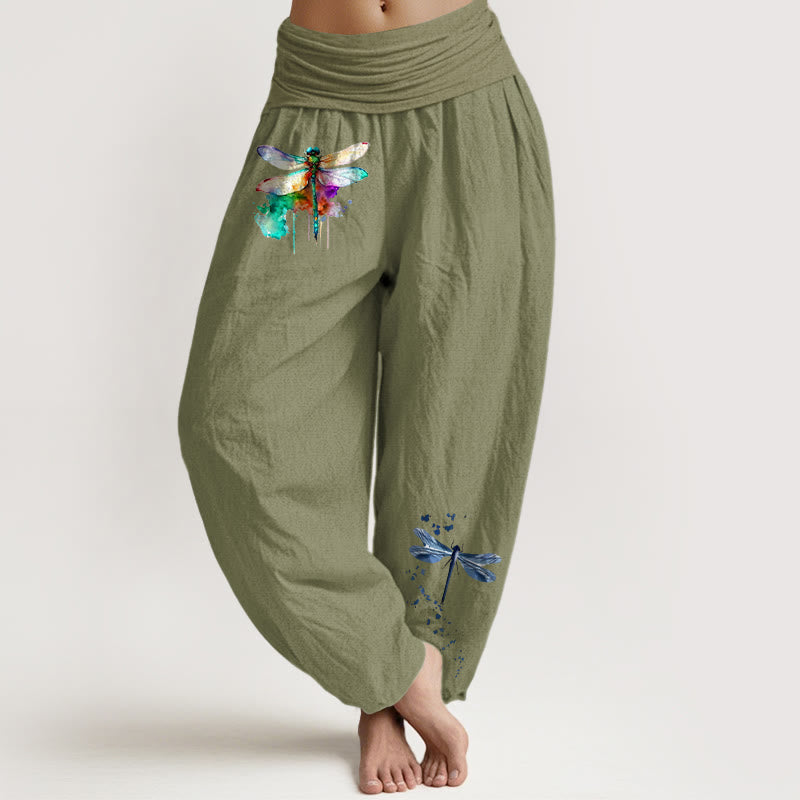 Buddha Stones Pure Cotton Dreamy Dragonfly Pattern Women's Elastic Waist Harem Pants - OliveDrab - US16,UK/AU20,EU48 (3XL) - image 14