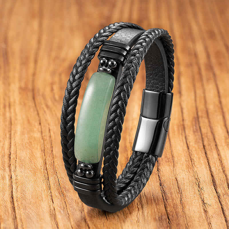 Buddha Stones Hematite Lazurite Black Glitter Stone Pink Crystal Titanium Steel Leather Strengthen Bracelet - Green Aventurine - 18-22cm - image 16