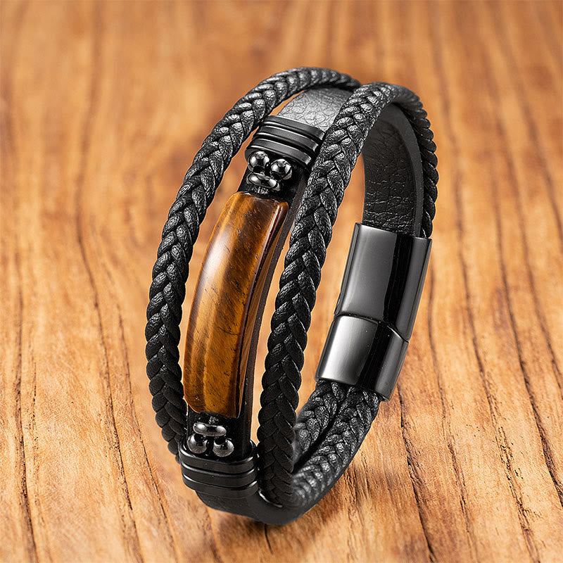 Buddha Stones Hematite Lazurite Black Glitter Stone Pink Crystal Titanium Steel Leather Strengthen Bracelet - Tiger Eye - 18-22cm - image 18