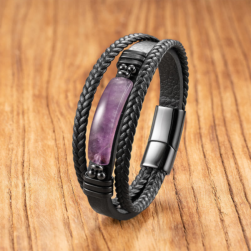 Buddha Stones Hematite Lazurite Black Glitter Stone Pink Crystal Titanium Steel Leather Strengthen Bracelet - Amethyst - 18-22cm - image 12