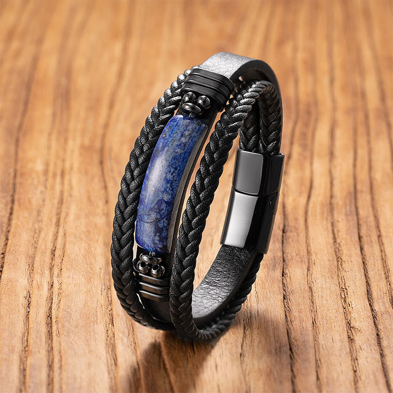 Buddha Stones Hematite Lazurite Black Glitter Stone Pink Crystal Titanium Steel Leather Strengthen Bracelet - Lazurite - 18-22cm - image 3